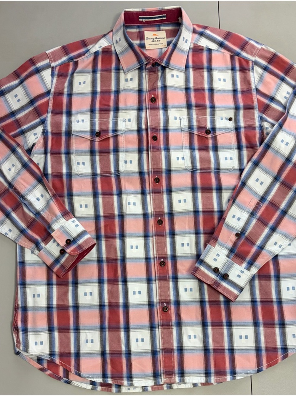 Tommy Bahama Men’s Red, Navy & White Plaid Button-Down Shirt